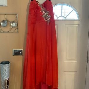 Coral pink and rhinestone floor length prom dress
